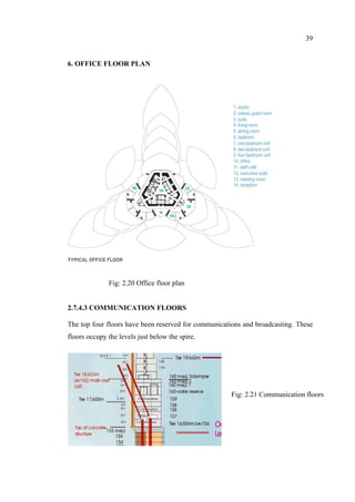 39
6. OFFICE FLOOR PLAN
Fig: 2.20 Office floor plan
2.7.4.3 COMMUNICATION FLOORS
The top four floors have been reserved for communications and broadcasting. These
floors occupy the levels just below the spire.
Fig: 2.21 Communication floors
 