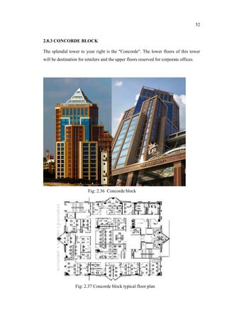 52
2.8.3 CONCORDE BLOCK
The splendid tower to your right is the "Concorde". The lower floors of this tower
will be destination for retailers and the upper floors reserved for corporate offices.
Fig: 2.36 Concorde block
Fig: 2.37 Concorde block typical floor plan
 