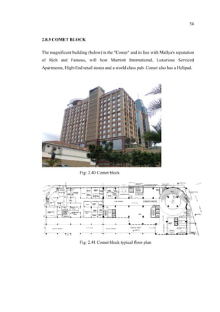 54
2.8.5 COMET BLOCK
The magnificent building (below) is the "Comet" and in line with Mallya's reputation
of Rich and Famous, will host Marriott International, Luxurious Serviced
Apartments, High-End retail stores and a world class pub. Comet also has a Helipad.
Fig: 2.40 Comet block
Fig: 2.41 Comet block typical floor plan
 