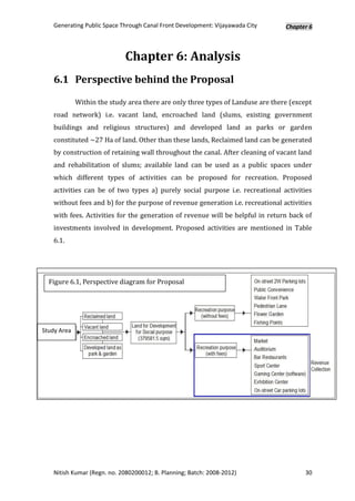 Generating Public Space Through Canal Front Development: Vijayawada City      Chapter 6



                             Chapter 6: Analysis
   6.1 Perspective behind the Proposal

             Within the study area there are only three types of Landuse are there (except
   road network) i.e. vacant land, encroached land (slums, existing government
   buildings and religious structures) and developed land as parks or garden
   constituted ~27 Ha of land. Other than these lands, Reclaimed land can be generated
   by construction of retaining wall throughout the canal. After cleaning of vacant land
   and rehabilitation of slums; available land can be used as a public spaces under
   which different types of activities can be proposed for recreation. Proposed
   activities can be of two types a) purely social purpose i.e. recreational activities
   without fees and b) for the purpose of revenue generation i.e. recreational activities
   with fees. Activities for the generation of revenue will be helpful in return back of
   investments involved in development. Proposed activities are mentioned in Table
   6.1.




  Figure 6.1, Perspective diagram for Proposal




Study Area




   Nitish Kumar (Regn. no. 2080200012; B. Planning; Batch: 2008-2012)                  30
 