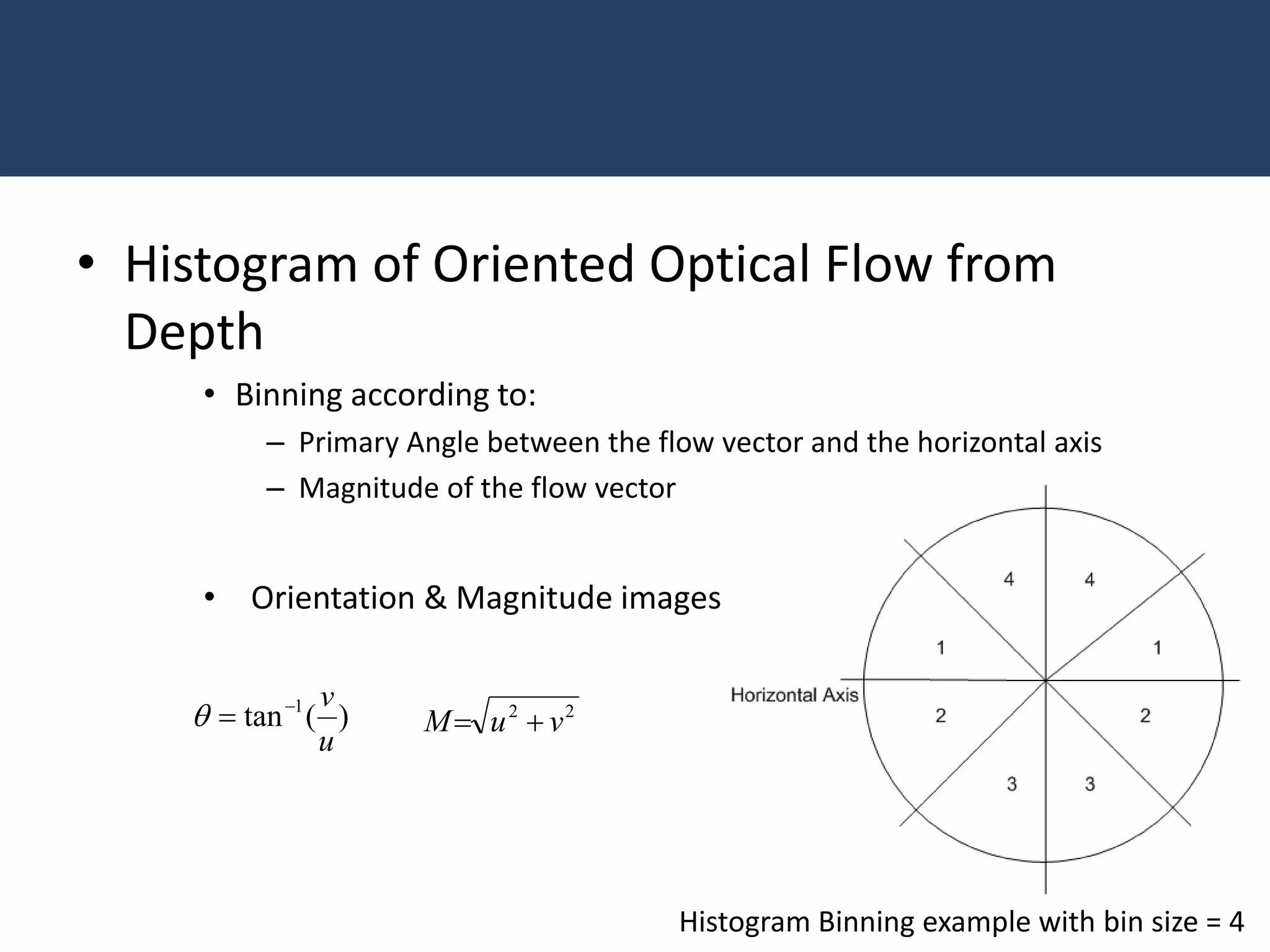 • Histogram of Oriented Optical Flow from
Depth
• Binning according to:
– Primary Angle between the flow vector and the horizontal axis
– Magnitude of the flow vector
• Orientation & Magnitude images
Histogram Binning example with bin size = 4
)(tan 1
u
v
 22
vuM 
 