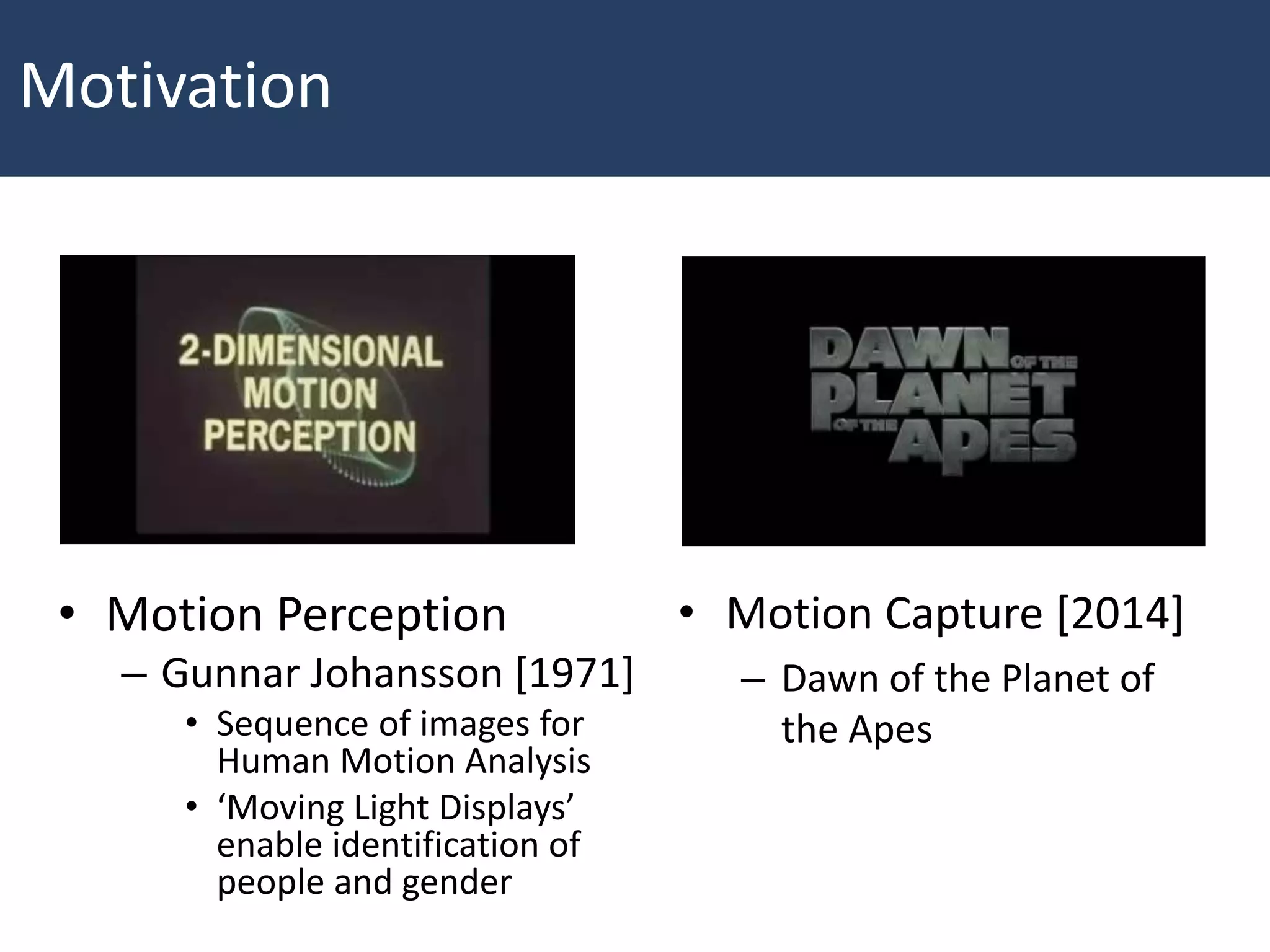 • Motion Perception
– Gunnar Johansson [1971]
• Sequence of images for
Human Motion Analysis
• ‘Moving Light Displays’
enable identification of
people and gender
• Motion Capture [2014]
– Dawn of the Planet of
the Apes
Motivation
 