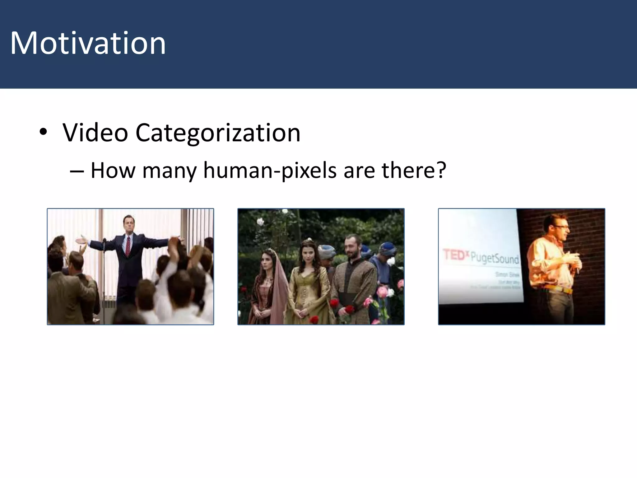 • Video Categorization
– How many human-pixels are there?
Movies TV YouTube
Motivation
 