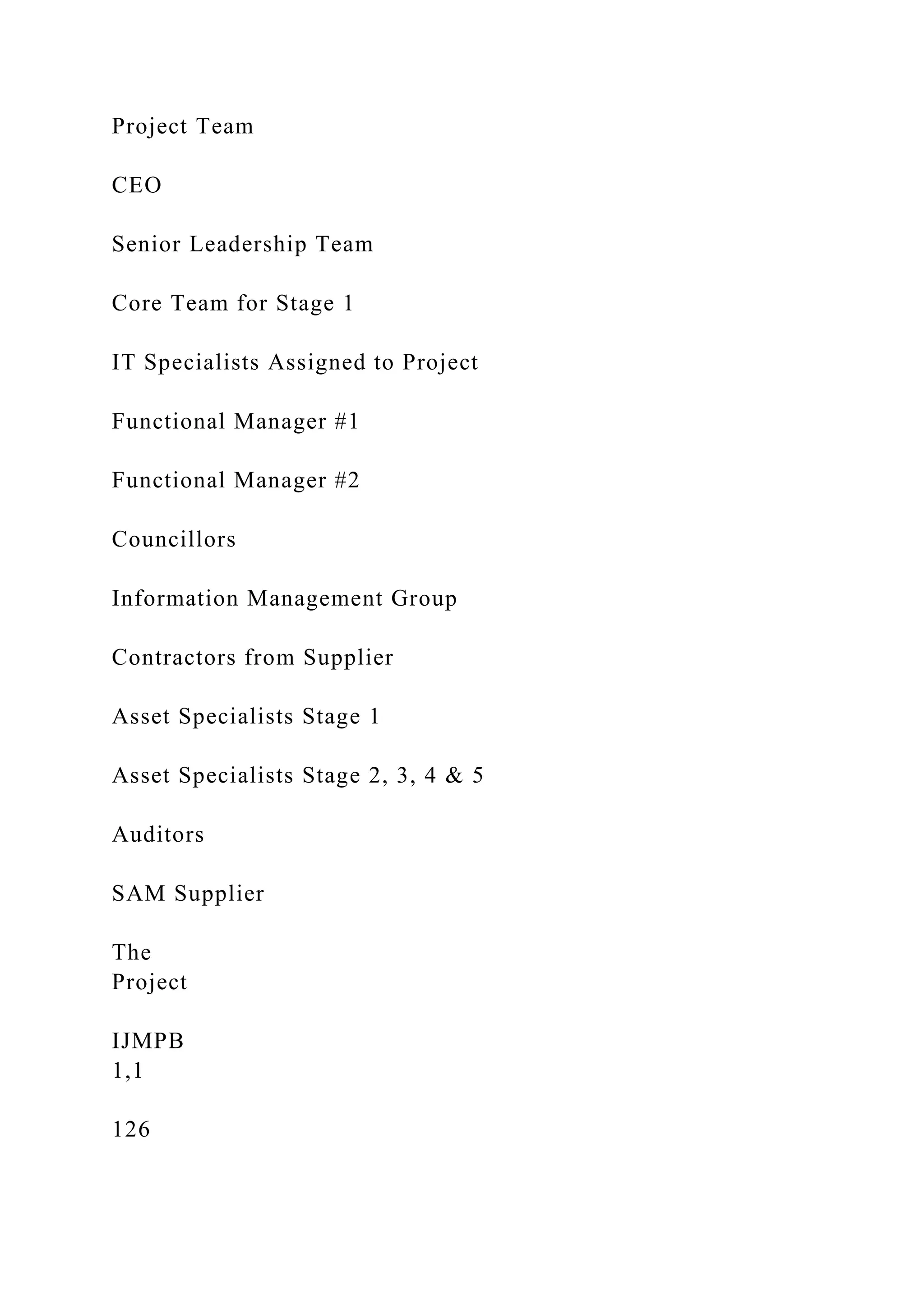 Project Team
CEO
Senior Leadership Team
Core Team for Stage 1
IT Specialists Assigned to Project
Functional Manager #1
Functional Manager #2
Councillors
Information Management Group
Contractors from Supplier
Asset Specialists Stage 1
Asset Specialists Stage 2, 3, 4 & 5
Auditors
SAM Supplier
The
Project
IJMPB
1,1
126
 
