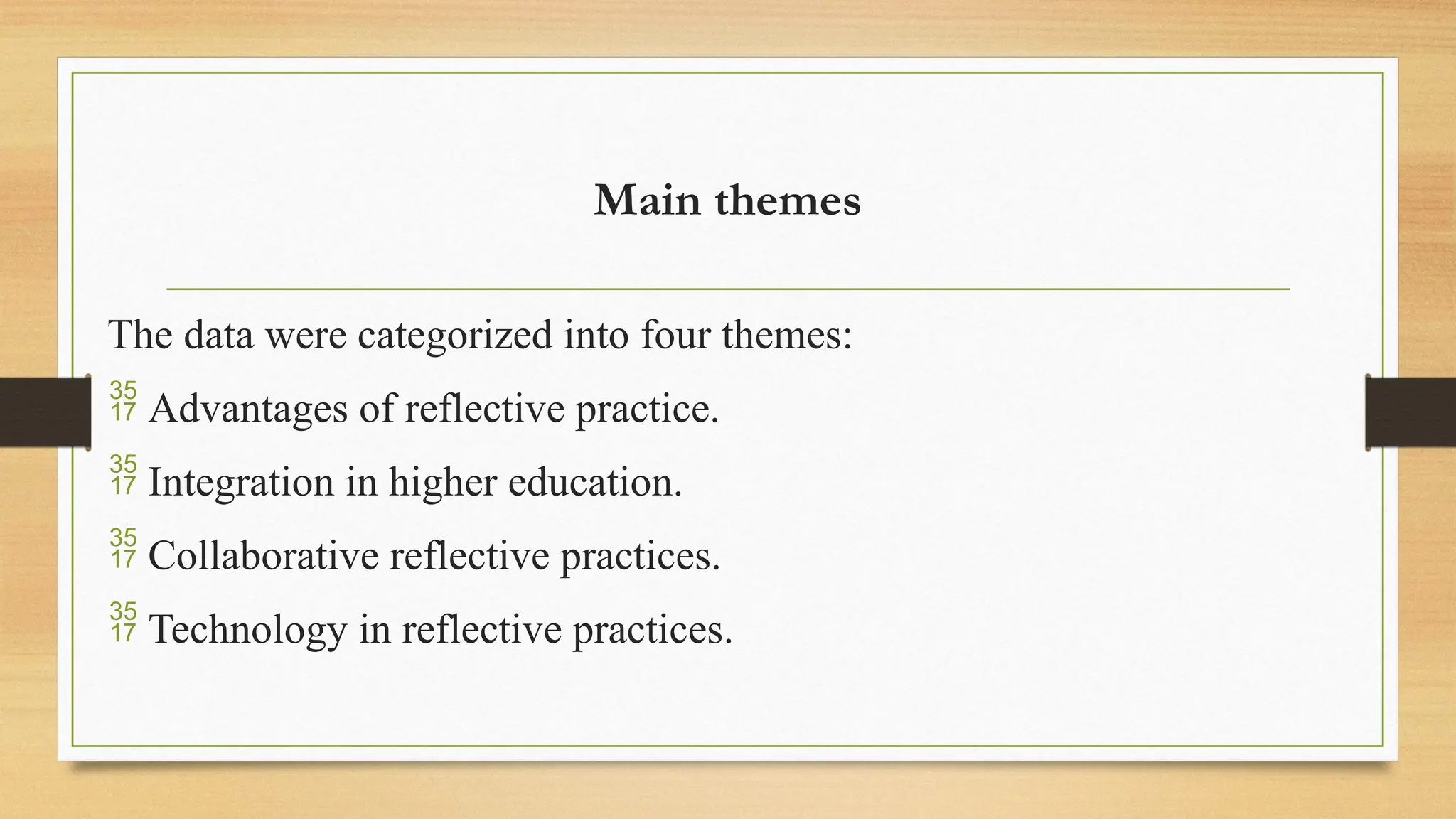 Main themes
The data were categorized into four themes:
 Advantages of reflective practice.
 Integration in higher education.
 Collaborative reflective practices.
 Technology in reflective practices.
 