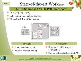 Slide 14
 CCN [16][17][18][19].
 Split content into multiple sources.
 Chunk level flow differentiation.
 Control the Interest rate.
 Reduces packet flooding.
 Does not consider resource
optimization.
 Can not utilizes the benefit of P2P.
Multi-Source and Multi-Path Transport
Strengths Weaknesses
State-of-the-art Work(cont.)
CC Lab.
Computer Communications Laboratory
Dept. of Computer Science and Information Communications Engineering, HUFS
 