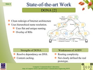 Slide 8
 Resolve dependency on DNS.
 Content caching.
 Routing complexity.
 Not clearly defined the real
prototype.
DONA [2]
Strengths of DONA Weaknesses of AODV
State-of-the-art Work
 Clean redesign of Internet architecture
 Uses hierarchical name resolution.
 Uses flat and unique naming.
 Overlay of RHs
CC Lab.
Computer Communications Laboratory
Dept. of Computer Science and Information Communications Engineering, HUFS
 