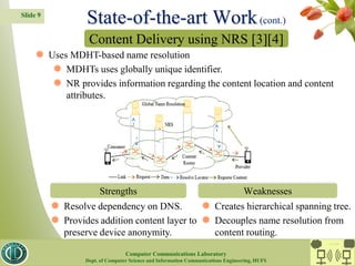 Slide 9
Content Delivery using NRS [3][4]
Strengths Weaknesses
State-of-the-art Work(cont.)
 Uses MDHT-based name resolution
 MDHTs uses globally unique identifier.
 NR provides information regarding the content location and content
attributes.
 Resolve dependency on DNS.
 Provides addition content layer to
preserve device anonymity.
 Creates hierarchical spanning tree.
 Decouples name resolution from
content routing.
CC Lab.
Computer Communications Laboratory
Dept. of Computer Science and Information Communications Engineering, HUFS
 