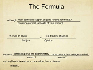 most politicians support ongoing funding for the DEA
    Although _________________________________________________,
              counter argument (opposite of your opinion)




      the war on drugs             is a travesty of justice
    _________________________ + __________________________
                  Subject         Opinion




         sentencing laws are discriminatory more prisons than colleges are built
because _____________________________, _____________________________,
                      reason 1                   reason 2
and addition is treated as a crime rather than a disease.
_________________________________________
      reason 3
 