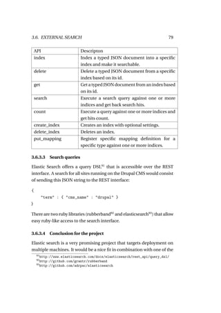 3.6. EXTERNAL SEARCH                                                      79


    API                       Descripton
    index                     Index a typed JSON document into a speciﬁc
                              index and make it searchable.
    delete                    Delete a typed JSON document from a speciﬁc
                              index based on its id.
    get                       Get a typed JSON document from an index based
                              on its id.
    search                    Execute a search query against one or more
                              indices and get back search hits.
    count                     Execute a query against one or more indices and
                              get hits count.
    create_index              Creates an index with optional settings.
    delete_index              Deletes an index.
    put_mapping               Register speciﬁc mapping deﬁnition for a
                              speciﬁc type against one or more indices.

3.6.3.3      Search queries

Elastic Search offers a query DSL91 that is accessible over the REST
interface. A search for all sites running on the Drupal CMS would consist
of sending this JSON string to the REST interface:

{
          "term" : { "cms_name" : "drupal" }
}

There are two ruby libraries (rubberband92 and elasticsearch93 ) that allow
easy ruby-like access to the search interface.

3.6.3.4      Conclusion for the project

Elastic search is a very promising project that targets deployment on
multiple machines. It would be a nice ﬁt in combination with one of the
     91
        http://www.elasticsearch.com/docs/elasticsearch/rest_api/query_dsl/
     92
        http://github.com/grantr/rubberband
     93
        http://github.com/adrpac/elasticsearch
 