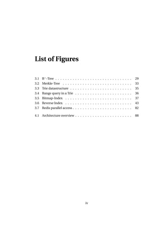 List of Figures

3.1   B+ -Tree . . . . . . . .   .   .   .   .   .   .   .   .   .   .   .   .   .   .   .   .   .   .   .   .   .   .   .   29
3.2   Merkle-Tree . . . . .      .   .   .   .   .   .   .   .   .   .   .   .   .   .   .   .   .   .   .   .   .   .   .   33
3.3   Trie datastructure . .     .   .   .   .   .   .   .   .   .   .   .   .   .   .   .   .   .   .   .   .   .   .   .   35
3.4   Range query in a Trie      .   .   .   .   .   .   .   .   .   .   .   .   .   .   .   .   .   .   .   .   .   .   .   36
3.5   Bitmap-Index . . . .       .   .   .   .   .   .   .   .   .   .   .   .   .   .   .   .   .   .   .   .   .   .   .   37
3.6   Reverse Index . . . .      .   .   .   .   .   .   .   .   .   .   .   .   .   .   .   .   .   .   .   .   .   .   .   43
3.7   Redis parallel access .    .   .   .   .   .   .   .   .   .   .   .   .   .   .   .   .   .   .   .   .   .   .   .   82

4.1 Architecture overview . . . . . . . . . . . . . . . . . . . . . . .                                                      88




                                                 iv
 
