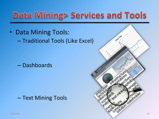 20
• Data Mining Tools:
– Traditional Tools (Like Excel)
– Dashboards
– Text Mining Tools
12/4/2011
 