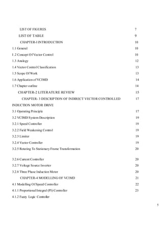 5
LIST OF FIGURES 7
LIST OF TABLE 9
CHAPTER-I INTRODUCTION 10
1.1 General 10
I .2 Concept Of Vector Control 10
1.3 Analogy 12
1.4 Vector Control Classification 13
1.5 Scope Of Work 13
1.6 Application of VCIMD 14
1.7 Chapter outline 14
CHAPTER-2 LITERATURE REVIEW 15
CHAPTER- 3 DESCRIPTION OF INDIRECT VECTOR CONTROLLED 17
INDUCTION MOTOR DRIVE
3.1 Operating Principle 17
3.2 VCIMD System Description 19
3.2.1 Speed Controller 19
3.2.2 Field Weakening Control 19
3.2.3 Limiter 19
3.2.4 Vector Controller 19
3.2.5 Rotating To Stationary Frame Transformation 20
3.2.6 Current Controller 20
3.2.7 Voltage Source Inverter 20
3.2.8 Three Phase Induction Motor 20
CHAPTER-4 MODELLING OF VCIMD 21
4.1 Modelling Of Speed Controller 22
4.1.1 Proportional Integral (PI) Controller 23
4.1.2 Fuzzy Logic Controller
 