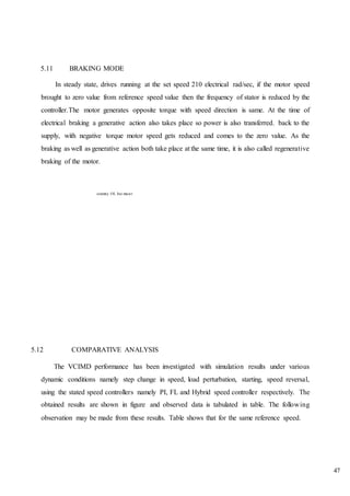 47
5.11 BRAKING MODE
In steady state, drives running at the set speed 210 electrical rad/sec, if the motor speed
brought to zero value from reference speed value then the frequency of stator is reduced by the
controller.The motor generates opposite torque with speed direction is same. At the time of
electrical braking a generative action also takes place so power is also transferred. back to the
supply, with negative torque motor speed gets reduced and comes to the zero value. As the
braking as well as generative action both take place at the same time, it is also called regenerative
braking of the motor.
oramny OL Ine muwr.
5.12 COMPARATIVE ANALYSIS
The VCIMD performance has been investigated with simulation results under various
dynamic conditions namely step change in speed, load perturbation, starting, speed reversal,
using the stated speed controllers namely PI, FL and Hybrid speed controller respectively. The
obtained results are shown in figure and observed data is tabulated in table. The following
observation may be made from these results. Table shows that for the same reference speed.
 