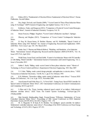 54
[29] Dubey (2011), "Fundamental of Electrical Drives Fundamental of Electrical Drives", Narosa
Publication, Second Edition.
[30] Dey,Singh, Dwivedi, and Chandra (2009), " VectorControl of Three-Phase Induction Motor
using Al Technique" ARPN Journal of Engineering and Applied Science, Vol. 4, No. 4.
[31] Kohlrursz, Fodar, and Hungavan (2011), "Comparison of Scalar & Vector ControlStrategies
of Induction Motor", Journal of Industrial Chemistry Veszprem, Vol. 39.
[32] Bruno Francois, Philippe Degobert, "Vector Control ofInduction machines", Springer.
[33] Dheeraj, and Meghna (2013), "Comparison of Vector Control Techniquesfor Induction
Motor.
[34] H. Haq, M. Hasan Imran, H. Ibrahim Okumus, and M. Habibullah, "Speed Control of
Induction Motor using FOC Method." Int. Journal of Engineering Research and Applications ISSN:
2248-9622, Vol.5, Issue 3, pp. 154- 158, March 2015.
[35] Sunita Jain, F. Sharma and Mukesh Baliwal, "Modeling and Simulation of an Induction
Motor. "International Journal ofEngineering Research and Development elSSN:2278-067X, Vol. 10,
Issue 4 PP.57-61,April 2014
[36] Walid Emar, IssamTtrad, and Ziad Sobih, "Control of an Induction Motor with PIController
or with Sliding Mode Controller." International Journal of Automation and Control Engineering, Vol. 2,
Issue 4, November 2013
[37] Sobha C. Barik, "Sliding mode vector Control of three phase induction motor." Master of
Technology in Power Control and Drives', Department of Electrical Engineering, NIT, May 2007
[38] V.I. Utkin, "Sliding mode control design principle and application to electric drives. " IEEE
Transaction on Industrial Electronics, Vol.40, No. I , pp.23-36, February 1993
[39] K.B. Mohanty, "Sensorless sliding mode control of induction motor drives." Tencon, IEEE
Region 10 Conference , vol. l, no. 6, pp. 19-21, November 2008
[40] Arun Kumar R and Febin Daya J L, "A Novel Self - Tuning Fuzzy Based PID Controller for
Speed Control of Induction Motor Drive", 2013 International Conference on Control Communication
and Computing (ICCC),pp 62-67.
[41] L.Zhen and L.Xu, "Fuzzy learning enhanced speed control of an indirect field-oriented
induction machine drives," IEEE Trans. On Control System Technology, Vol-8,no-2,pp.270-
278,March2000
[42] Mini Sreejeth, Madhusudhan Singh, Pramod Kumar, "Efficiency Optimization of Vector
Controlled Induction Motor Drive", Proceedings of 38th Annual Conference on IEEE Industrial
Electronics Society (ECON 2012), Oct 2012, Page(s):1758 - 176
[43] M. A. Magzoub, N. B Saad, R. B. Ibrahim, "An intelligent speed controller for indirect
fieldoriented controlled induction motor drives", Proceedings of the IEEE Conference on Clean Energy
and Technology (CEAT),2013, Page(s):327-331.
 