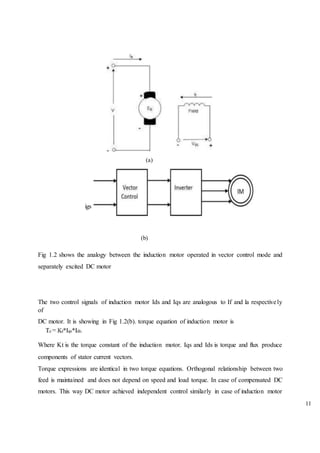 11
(a)
(b)
Fig 1.2 shows the analogy between the induction motor operated in vector control mode and
separately excited DC motor
The two control signals of induction motor Ids and Iqs are analogous to If and la respectively
of
DC motor. It is showing in Fig 1.2(b). torque equation of induction motor is
Where Kt is the torque constant of the induction motor. Iqs and Ids is torque and flux produce
components of stator current vectors.
Torque expressions are identical in two torque equations. Orthogonal relationship between two
feed is maintained and does not depend on speed and load torque. In case of compensated DC
motors. This way DC motor achieved independent control similarly in case of induction motor
igs
 