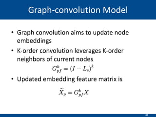 41
• Graph convolution aims to update node
embeddings
• K-order convolution leverages K-order
neighbors of current nodes
• Updated embedding feature matrix is
Graph-convolution Model
 