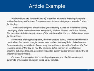 50
WASHINGTON NFL Sunday kicked off in London with more kneeling during the
national anthem, as President Trump continues to admonish players who don’t stand
for the flag.
Three Miami Dolphins players were spotted taking a knee on the sideline during
the singing of the national anthem: Kenny Stills, Michael Thomas and Julius Thomas.
The three kneeled side-by-side at one of the sidelines while the rest of their team stood
for the anthem.
Meanwhile, their opposing team, the New Orleans Saints, took a unified knee on
the sidelines but rose in time for the national anthem. Many of Saints linked arms as
Grammy-winning artist Darius Rucker sang the anthem in Wembley Stadium, the first
televised game of the day on Fox. The cameras didn’t zoom in on the Dolphins
kneelers, but attendees and journalists in London quickly posted pictures of the trio of
kneelers on social media.
President Trump has blasted a kneeling player as a son of a bitch and urged
owners to fire athletes who don’t stand up for the flag.
Ar=cle Example
 