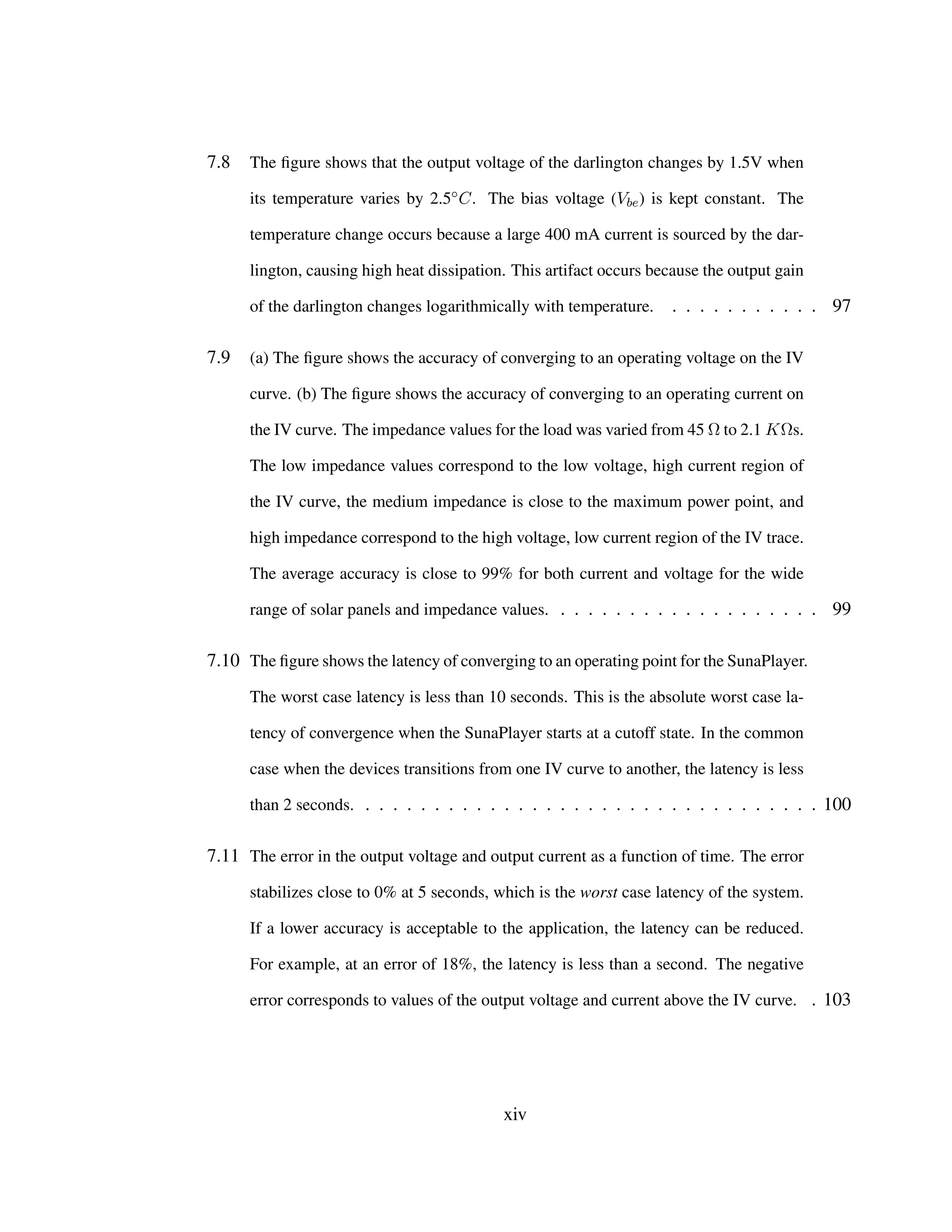 7.8 The ﬁgure shows that the output voltage of the darlington changes by 1.5V when
its temperature varies by 2.5◦C. The bias voltage (Vbe) is kept constant. The
temperature change occurs because a large 400 mA current is sourced by the dar-
lington, causing high heat dissipation. This artifact occurs because the output gain
of the darlington changes logarithmically with temperature. . . . . . . . . . . . 97
7.9 (a) The ﬁgure shows the accuracy of converging to an operating voltage on the IV
curve. (b) The ﬁgure shows the accuracy of converging to an operating current on
the IV curve. The impedance values for the load was varied from 45 Ω to 2.1 KΩs.
The low impedance values correspond to the low voltage, high current region of
the IV curve, the medium impedance is close to the maximum power point, and
high impedance correspond to the high voltage, low current region of the IV trace.
The average accuracy is close to 99% for both current and voltage for the wide
range of solar panels and impedance values. . . . . . . . . . . . . . . . . . . . 99
7.10 The ﬁgure shows the latency of converging to an operating point for the SunaPlayer.
The worst case latency is less than 10 seconds. This is the absolute worst case la-
tency of convergence when the SunaPlayer starts at a cutoff state. In the common
case when the devices transitions from one IV curve to another, the latency is less
than 2 seconds. . . . . . . . . . . . . . . . . . . . . . . . . . . . . . . . . . 100
7.11 The error in the output voltage and output current as a function of time. The error
stabilizes close to 0% at 5 seconds, which is the worst case latency of the system.
If a lower accuracy is acceptable to the application, the latency can be reduced.
For example, at an error of 18%, the latency is less than a second. The negative
error corresponds to values of the output voltage and current above the IV curve. . 103
xiv
 