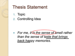 Thesis Statement Topic Controlling Idea For me, it is the sense of smell rather than the sense of taste that brings back happy memories. 
