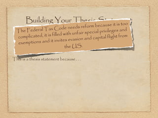 Building Your Thesis Statement
                               e it is too
                                       reform becaus
  The Federal   Tax Code needs
                                               ial privileges and
                            d with unfair spec
  co mplicated, it is fille                  capital flight from
                          vites evasion and
  ex emptions and it in
                               the US.

This is a thesis statement because . . .
 