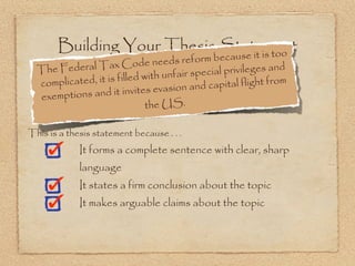 Building Your Thesis Statement
                               e it is too
                                       reform becaus
  The Federal   Tax Code needs
                                               ial privileges and
                            d with unfair spec
  co mplicated, it is fille                  capital flight from
                          vites evasion and
  ex emptions and it in
                               the US.

This is a thesis statement because . . .
             It forms a complete sentence with clear, sharp
             language
             It states a firm conclusion about the topic
             It makes arguable claims about the topic
 