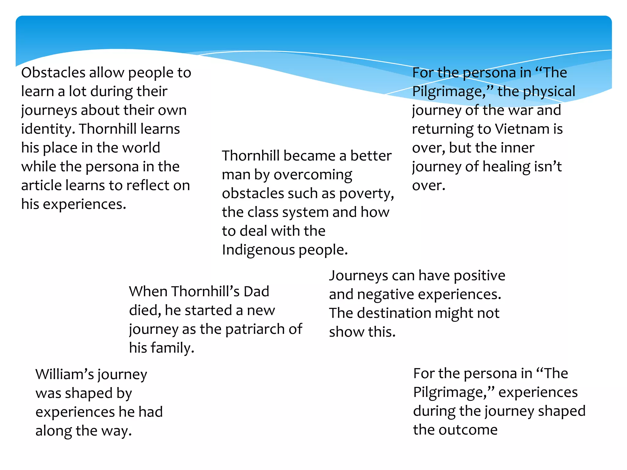 Obstacles allow people to                                   For the persona in “The
learn a lot during their                                    Pilgrimage,” the physical
journeys about their own                                    journey of the war and
identity. Thornhill learns                                  returning to Vietnam is
his place in the world                                      over, but the inner
                               Thornhill became a better
while the persona in the                                    journey of healing isn’t
                               man by overcoming
article learns to reflect on                                over.
                               obstacles such as poverty,
his experiences.
                               the class system and how
                               to deal with the
                               Indigenous people.
                                               Journeys can have positive
                 When Thornhill’s Dad          and negative experiences.
                 died, he started a new        The destination might not
                 journey as the patriarch of   show this.
                 his family.
  William’s journey                                         For the persona in “The
  was shaped by                                             Pilgrimage,” experiences
  experiences he had                                        during the journey shaped
  along the way.                                            the outcome
 