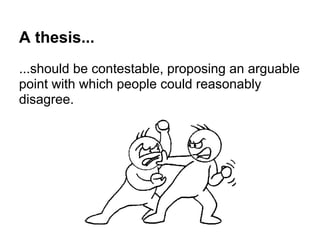 A thesis...
...should be contestable, proposing an arguable
point with which people could reasonably
disagree.
 