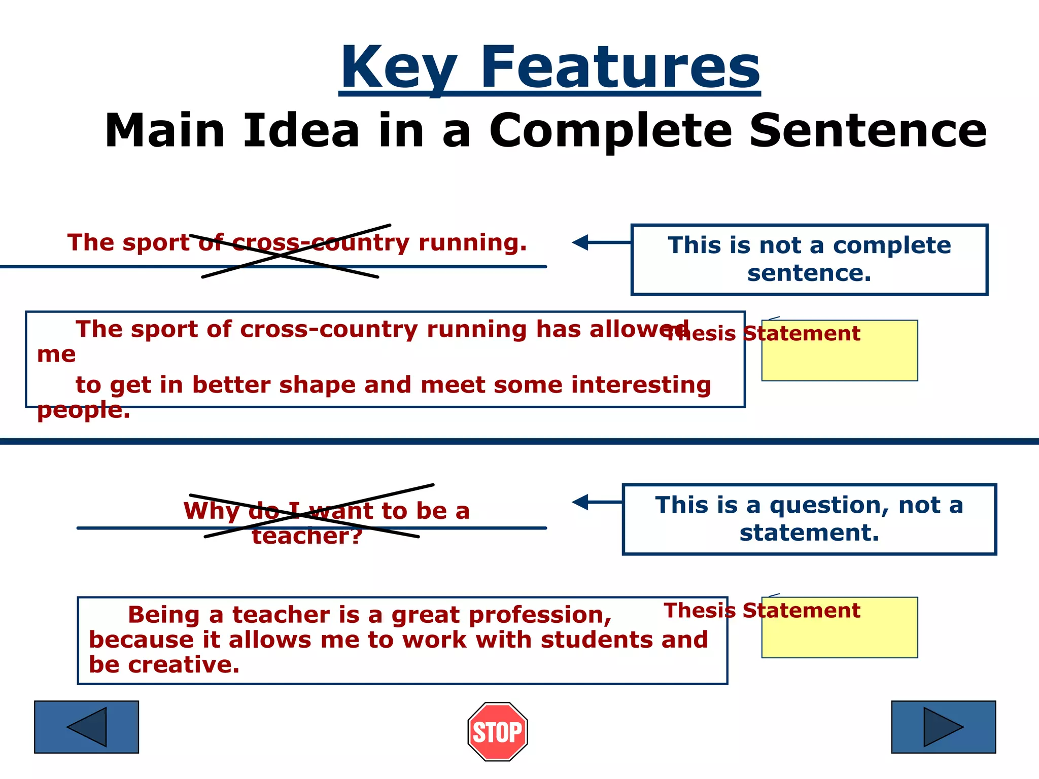 Key Features 
Main Idea in a Complete Sentence 
The sport of cross-country running. 
Why do I want to be a 
teacher? 
This is not a complete 
sentence. 
The sport of cross-country running has allowed 
me 
Thesis Statement 
to get in better shape and meet some interesting 
people. 
Being a teacher is a great profession, 
This is a question, not a 
because it allows me to work with students and 
be creative. 
statement. 
Thesis Statement 
 
