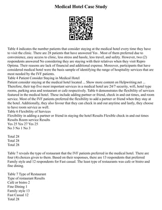 Medical Hotel Case Study
Table 4 indicates the number patients that consider staying at the medical hotel every time they have
to visit the clinic. There are 28 patients that have answered Yes . Most of them preferred due to
convenience, easy access to clinic, less stress and hassle, less travel, and safety. However, two (2)
respondents answered No considering they are staying with their relatives when they visit Repro
Optima. Their reasons are lack of financial and additional expense. Moreover, participants that have
considered medical hotel were the basis sample of identifying the range of hospitality services that are
most needed by the IVF patients.
Table 4 Patient Consider Staying in Medical Hotel
Patient consider staying at the medical hotel located ... Show more content on Helpwriting.net ...
Therefore, their top five most important services in a medical hotel are 24/7 security, wifi, hotel type
rooms, parking area and restaurant or cafe respectively. Table 6 demonstrates the flexibility of services
featured in the medical hotel. These include adding partner or friend, check in and out times, and room
service. Most of the IVF patients preferred the flexibility to add a partner or friend when they stay at
the hotel. Additionally, they also favour that they can check in and out anytime and lastly, they choose
to have room service as well.
Table 6 Flexibility of Services
Flexibility in adding a partner or friend in staying the hotel Results Flexible check in and out times
Results Room service Results
Yes 25 Yes 27 Yes 25
No 3 No 1 No 3
Total 28
Total 28
Total 28
Table 7 reveals the type of restaurant that the IVF patients preferred in the medical hotel. There are
four (4) choices given to them. Based on their responses, there are 13 respondents that preferred
Family style and 12 respondents for Fast casual. The least type of restaurants was cafe or bistro and
fine dining.
Table 7 Type of Restaurant
Type of restaurant Results
Café or bistro 2
Fine Dining 1
Family style 13
Fast Casual 12
Total 28
 