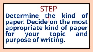 Determine the kind of
paper. Decide on the most
appropriate kind of paper
for your topic and
purpose of writing.
STEP
1
 