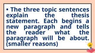 • The three topic sentences
explain the thesis
statement. Each begins a
new paragraph and tells
the reader what the
paragraph will be about.
(smaller reasons)
 