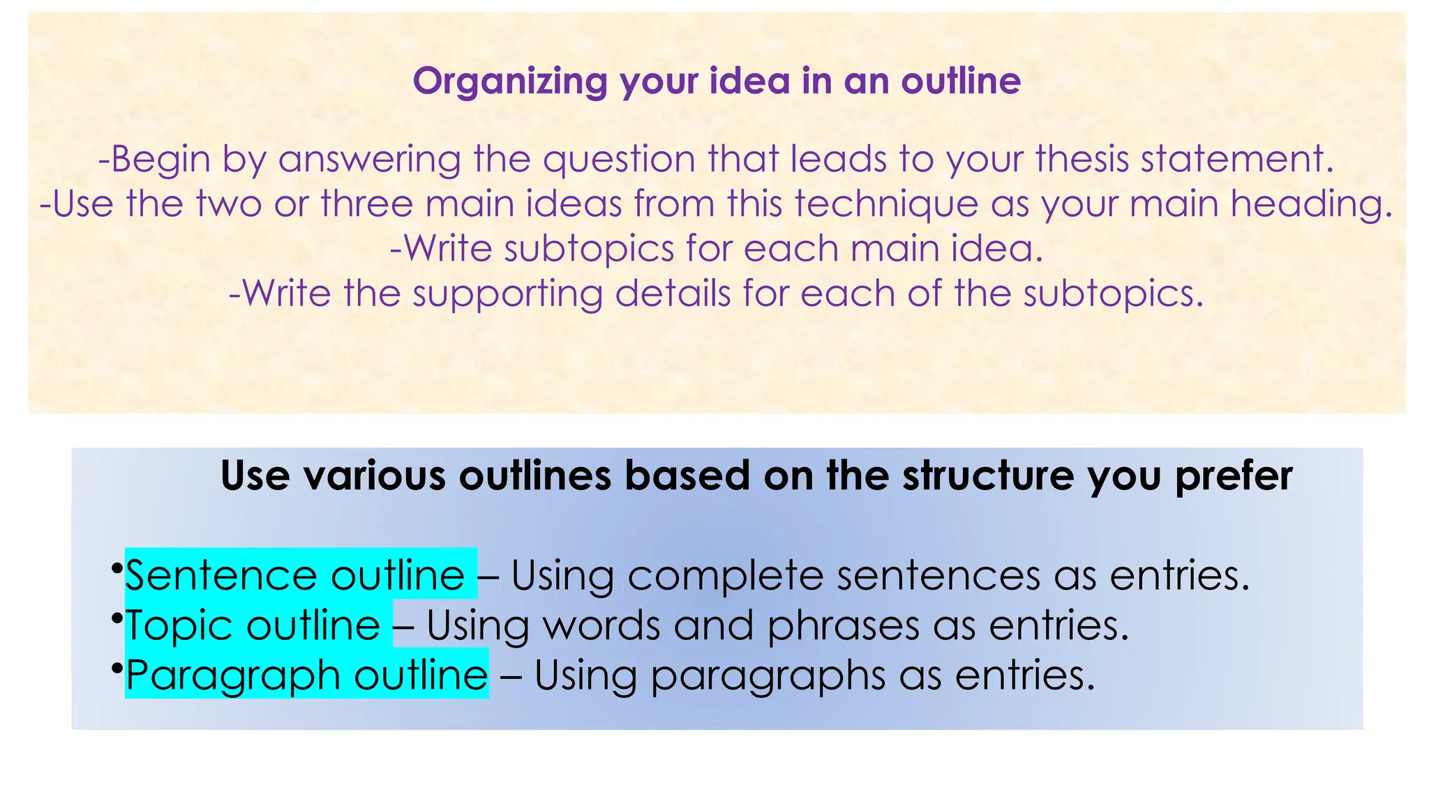 Organizing your idea in an outline
-Begin by answering the question that leads to your thesis statement.
-Use the two or three main ideas from this technique as your main heading.
-Write subtopics for each main idea.
-Write the supporting details for each of the subtopics.
Use various outlines based on the structure you prefer
•Sentence outline – Using complete sentences as entries.
•Topic outline – Using words and phrases as entries.
•Paragraph outline – Using paragraphs as entries.
 
