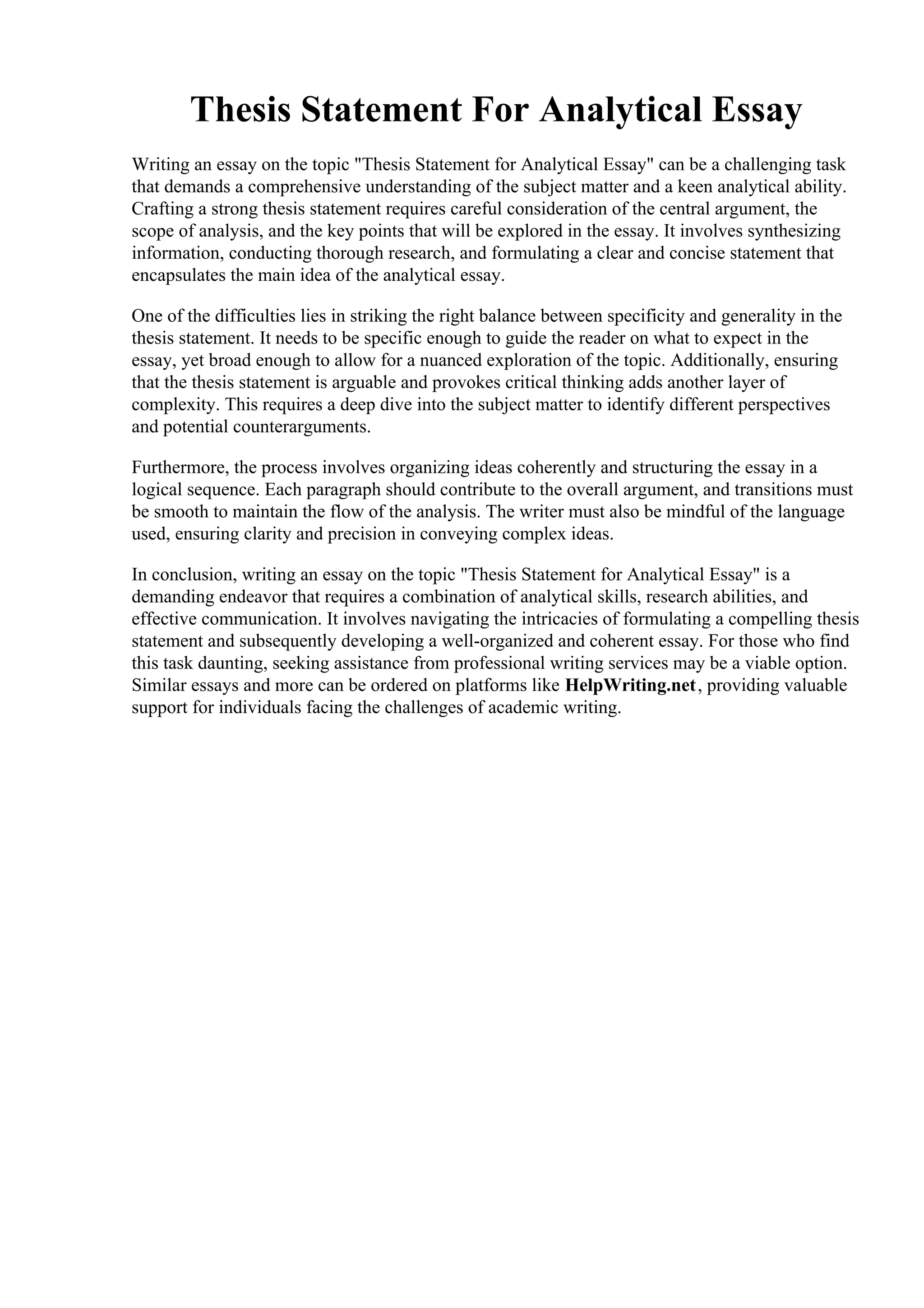 Analysis Introduction Thesis Statement For Analytical Essay | PDF