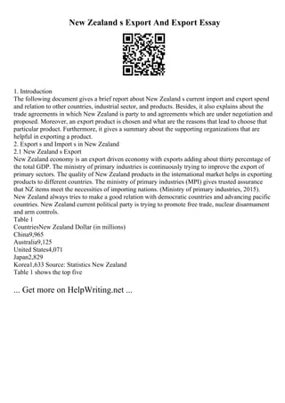 New Zealand s Export And Export Essay
1. Introduction
The following document gives a brief report about New Zealand s current import and export spend
and relation to other countries, industrial sector, and products. Besides, it also explains about the
trade agreements in which New Zealand is party to and agreements which are under negotiation and
proposed. Moreover, an export product is chosen and what are the reasons that lead to choose that
particular product. Furthermore, it gives a summary about the supporting organizations that are
helpful in exporting a product.
2. Export s and Import s in New Zealand
2.1 New Zealand s Export
New Zealand economy is an export driven economy with exports adding about thirty percentage of
the total GDP. The ministry of primary industries is continuously trying to improve the export of
primary sectors. The quality of New Zealand products in the international market helps in exporting
products to different countries. The ministry of primary industries (MPI) gives trusted assurance
that NZ items meet the necessities of importing nations. (Ministry of primary industries, 2015).
New Zealand always tries to make a good relation with democratic countries and advancing pacific
countries. New Zealand current political party is trying to promote free trade, nuclear disarmament
and arm controls.
Table 1
CountriesNew Zealand Dollar (in millions)
China9,965
Australia9,125
United States4,071
Japan2,829
Korea1,633 Source: Statistics New Zealand
Table 1 shows the top five
... Get more on HelpWriting.net ...
 