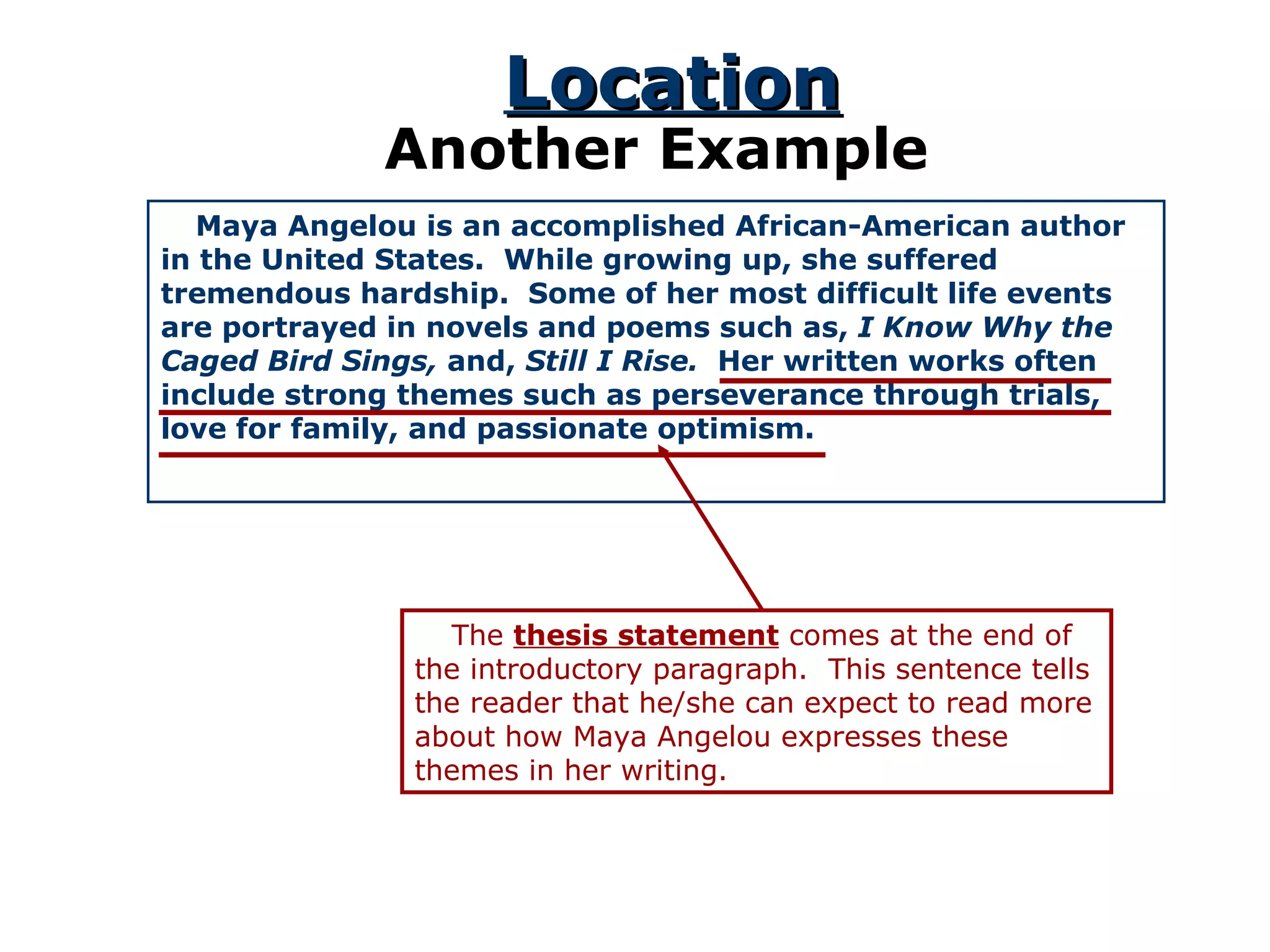 Location Another Example Maya Angelou is an accomplished African-American author in the United States.  While growing up, she suffered tremendous hardship.  Some of her most difficult life events are portrayed in novels and poems such as,  I Know Why the Caged Bird Sings,  and,  Still I Rise.  Her written works often include strong themes such as perseverance through trials, love for family, and passionate optimism.  The  thesis statement  comes at the end of the introductory paragraph.  This sentence tells the reader that he/she can expect to read more about how Maya Angelou expresses these themes in her writing. 