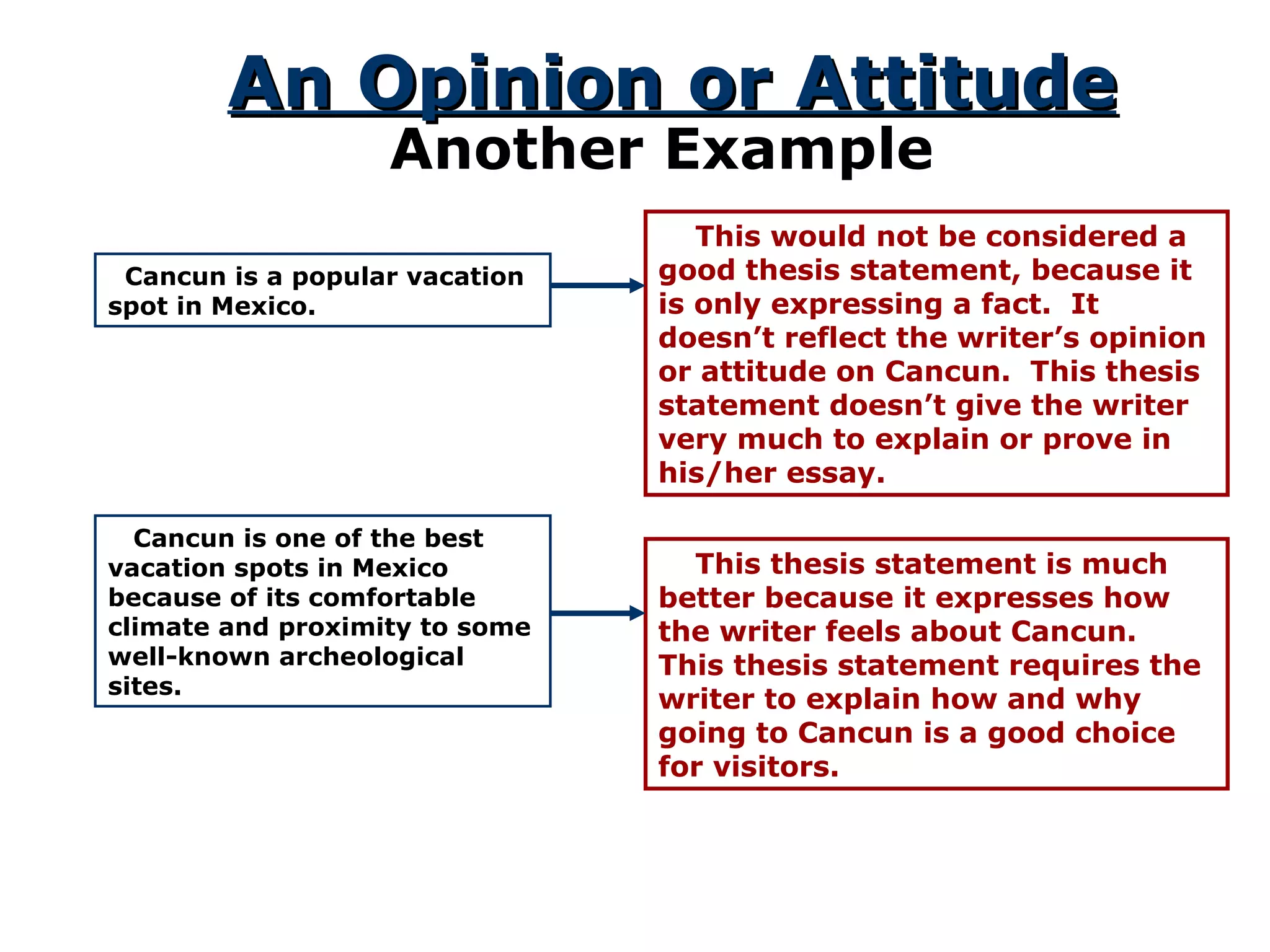 An Opinion or Attitude Another Example Cancun is a popular vacation spot in Mexico. This would not be considered a good thesis statement, because it is only expressing a fact.  It doesn’t reflect the writer’s opinion or attitude on Cancun.  This thesis statement doesn’t give the writer very much to explain or prove in his/her essay. Cancun is one of the best vacation spots in Mexico because of its comfortable climate and proximity to some well-known archeological sites. This thesis statement is much better because it expresses how the writer feels about Cancun.  This thesis statement requires the writer to explain how and why going to Cancun is a good choice for visitors. 