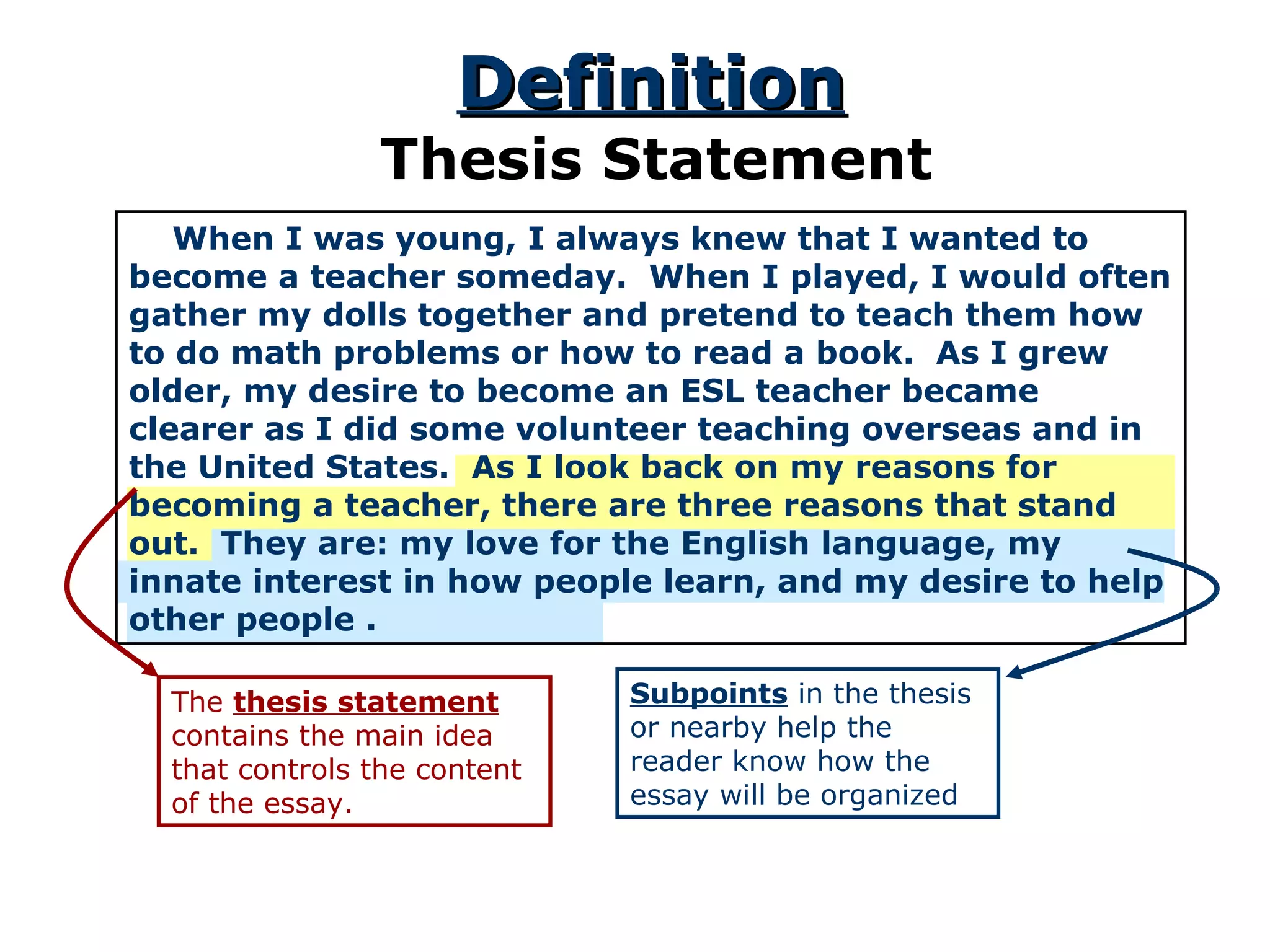 When I was young, I always knew that I wanted to become a teacher someday.  When I played, I would often gather my dolls together and pretend to teach them how to do math problems or how to read a book.  As I grew older, my desire to become an ESL teacher became clearer as I did some volunteer teaching overseas and in the United States.  As I look back on my reasons for becoming a teacher, there are three reasons that stand out.  They are: my love for the English language, my innate interest in how people learn, and my desire to help other people . Definition Thesis Statement The  thesis statement  contains the main idea that controls the content of the essay. Subpoints  in the thesis or nearby help the reader know how the essay will be organized 