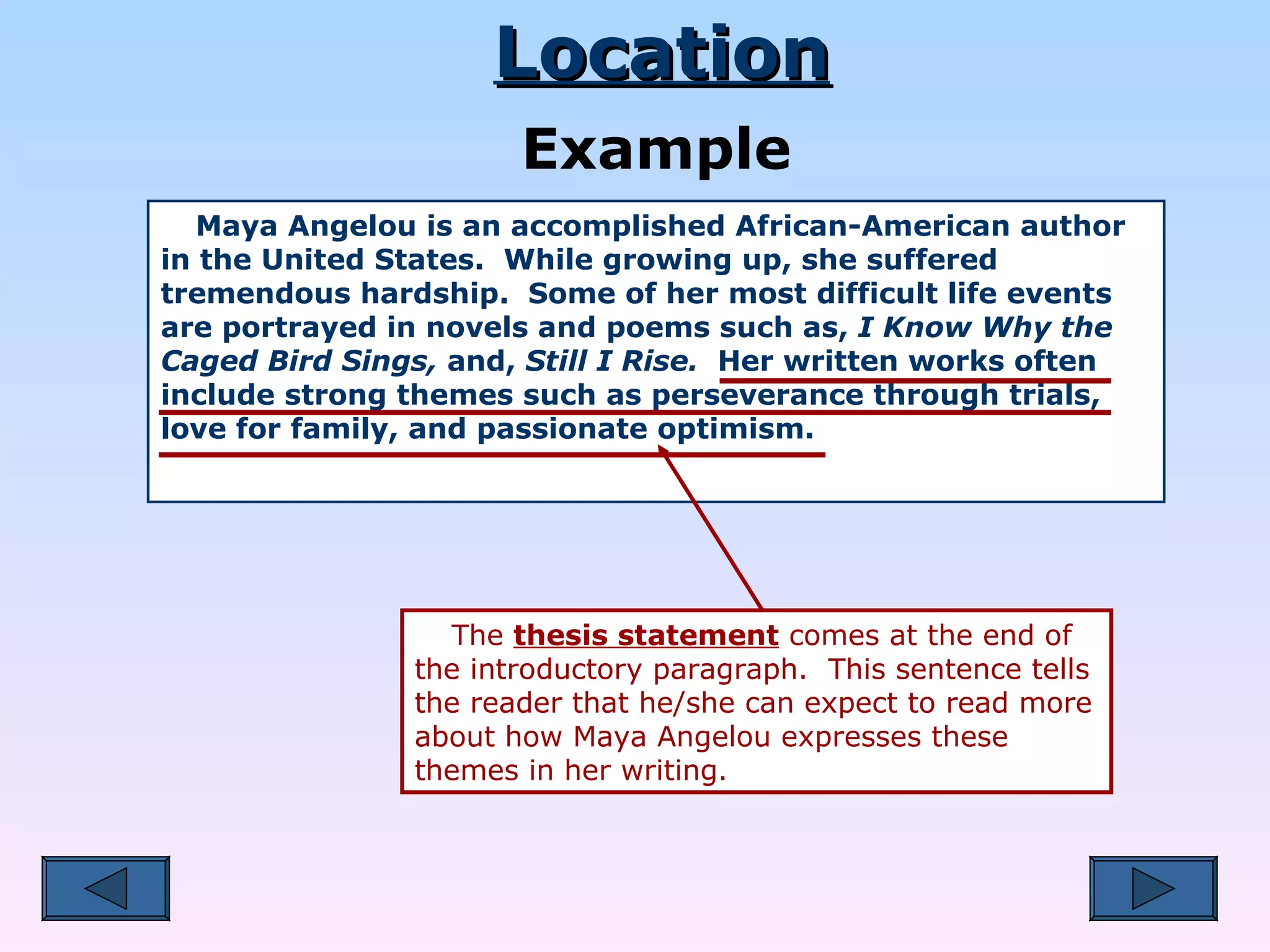 Location Example Maya Angelou is an accomplished African-American author in the United States.  While growing up, she suffered tremendous hardship.  Some of her most difficult life events are portrayed in novels and poems such as,  I Know Why the Caged Bird Sings,  and,  Still I Rise.  Her written works often include strong themes such as perseverance through trials, love for family, and passionate optimism.  The  thesis statement  comes at the end of the introductory paragraph.  This sentence tells the reader that he/she can expect to read more about how Maya Angelou expresses these themes in her writing. 