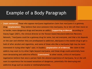 Example of a Body Paragraph
• [topic sentence] Those who oppose marijuana legalization claim that marijuana is a gateway
drug. [explanation] They believe that once someone tries marijuana, he or she will then move on
to harder, more dangerous drugs and become an addict. [supporting evidence] According to
Stacey Sugar (2021), the clinical director at the Towson-based Maryland Addiction Recovery
Network, “marijuana could be a gateway drug for some, but not everyone, and that a lot depends
on the user and whether they are predisposed to addiction…Marijuana is the easiest drug to get a
hold of after alcohol and cigarettes, and some of those who like a marijuana high may be more
interested in trying other highs” (qtd. in Snyder). [explanation of evidence] Her claim is that
addicts may want to try other highs beyond marijuana, and those drugs could potentially have
more devastating and addictive effects. [conclusion] In other words, critics of marijuana
legalization believe that once a person feels the altered experience of marijuana, he or she will
want to experience the increased sensations of dangerous, potentially life-destroying and
addictive drugs such as cocaine or methamphetamines.
 