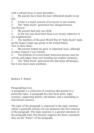 with a refined focus is more desirable.)
1. My parents have been the most influential people in my
life.
2. Crime is a major concern of everyone in our country.
3. The “baby boom” generation has changed history.
Too Narrow:
1. My parents had only one child.
2. In the last year there have been over twenty robberies in
our neighborhood.
3. The members of the post-World War II “baby boom” make
up the largest single age group in the United States.
Two or more ideas:
1. My parents helped me grow in important ways, although
in other respects I was limited.
2. The problem of overcrowded American prisons must be
solved, and judges must start handing out tougher sentences.
3. The “baby boom” generation has had many advantages,
but it also faces many problems.
Barbara T. Hebert
Paragraphing Cues
A paragraph is a collection of sentences that pertain to a
particular topic. A paragraph has four basic parts: topic
sentence, supporting details, sub-details, and a concluding or
transitional sentence.
The topic of the paragraph is expressed in the topic sentence
which is generally (always for our purposes) the first sentence
of the paragraph. The topic sentence is a general statement of
the paragraph topic that directly supports the thesis statement;
they are the “bones” of the paragraph.
 