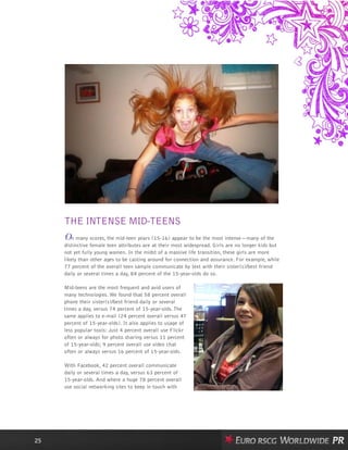 THE INTENSE MID-TEENS
On many scores, the mid-teen years (15-16) appear to be the most intense—many of the
distinctive female teen attributes are at their most widespread. Girls are no longer kids but
not yet fully young women. In the midst of a massive life transition, these girls are more
likely than other ages to be casting around for connection and assurance. For example, while
77 percent of the overall teen sample communicate by text with their sister(s)/best friend
daily or several times a day, 84 percent of the 15-year-olds do so.
Mid-teens are the most frequent and avid users of
many technologies. We found that 58 percent overall
phone their sister(s)/best friend daily or several
times a day, versus 74 percent of 15-year-olds. The
same applies to e-mail (24 percent overall versus 47
percent of 15-year-olds). It also applies to usage of
less popular tools: Just 4 percent overall use Flickr
often or always for photo sharing versus 11 percent
of 15-year-olds; 9 percent overall use video chat
often or always versus 16 percent of 15-year-olds.
With Facebook, 42 percent overall communicate
daily or several times a day, versus 63 percent of
15-year-olds. And where a huge 78 percent overall
use social networking sites to keep in touch with
25
 