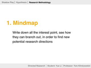 Write down all the interest point, see how
they can branch out, in order to ﬁnd new
potential research directions
1. Mindmap
Directed Research Student: Yue Li Professor: Tom Klinkowstein
Research MethodologyShadow Play Hypothesis
 