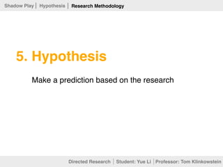 5. Hypothesis
Make a prediction based on the research
Directed Research Student: Yue Li Professor: Tom Klinkowstein
Research MethodologyShadow Play Hypothesis
 