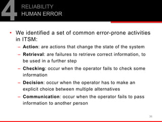 • We identified a set of common error-prone activities
in ITSM:
– Action: are actions that change the state of the system
– Retrieval: are failures to retrieve correct information, to
be used in a further step
– Checking: occur when the operator fails to check some
information
– Decision: occur when the operator has to make an
explicit choice between multiple alternatives
– Communication: occur when the operator fails to pass
information to another person
36
RELIABILITY
HUMAN ERROR
4
 