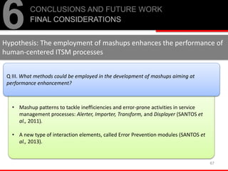 • Mashup patterns to tackle inefficiencies and error-prone activities in service
management processes: Alerter, Importer, Transform, and Displayer (SANTOS et
al., 2011).
• A new type of interaction elements, called Error Prevention modules (SANTOS et
al., 2013).
67
6CONCLUSIONS AND FUTURE WORK
FINAL CONSIDERATIONS
Q III. What methods could be employed in the development of mashups aiming at
performance enhancement?
Hypothesis: The employment of mashups enhances the performance of
human-centered ITSM processes
 