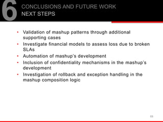 • Validation of mashup patterns through additional
supporting cases
• Investigate financial models to assess loss due to broken
SLAs
• Automation of mashup’s development
• Inclusion of confidentiality mechanisms in the mashup’s
development
• Investigation of rollback and exception handling in the
mashup composition logic
68
6CONCLUSIONS AND FUTURE WORK
NEXT STEPS
 