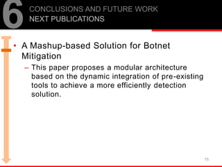• A Mashup-based Solution for Botnet
Mitigation
– This paper proposes a modular architecture
based on the dynamic integration of pre-existing
tools to achieve a more efficiently detection
solution.
75
6CONCLUSIONS AND FUTURE WORK
NEXT PUBLICATIONS
 