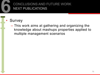 • Survey
– This work aims at gathering and organizing the
knowledge about mashups properties applied to
multiple management scenarios
76
6CONCLUSIONS AND FUTURE WORK
NEXT PUBLICATIONS
 