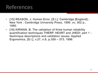 • [15] REASON, J. Human Error. [S.l.]: Cambridge [England] ;
New York : Cambridge University Press, 1990. xv, 302 p.,
1990.
• [16] KIRWAN, B. The validation of three human reliability
quantification techniques THERP, HEART and JHEDI: part 1 -
ttechnique descriptions and validation issues. Applied
Ergonomics, [S.l.], v.27, n.6, p.359 – 373, 1996
83
References
 